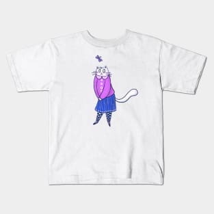 Cute girly white cat and purple butterfly Kids T-Shirt